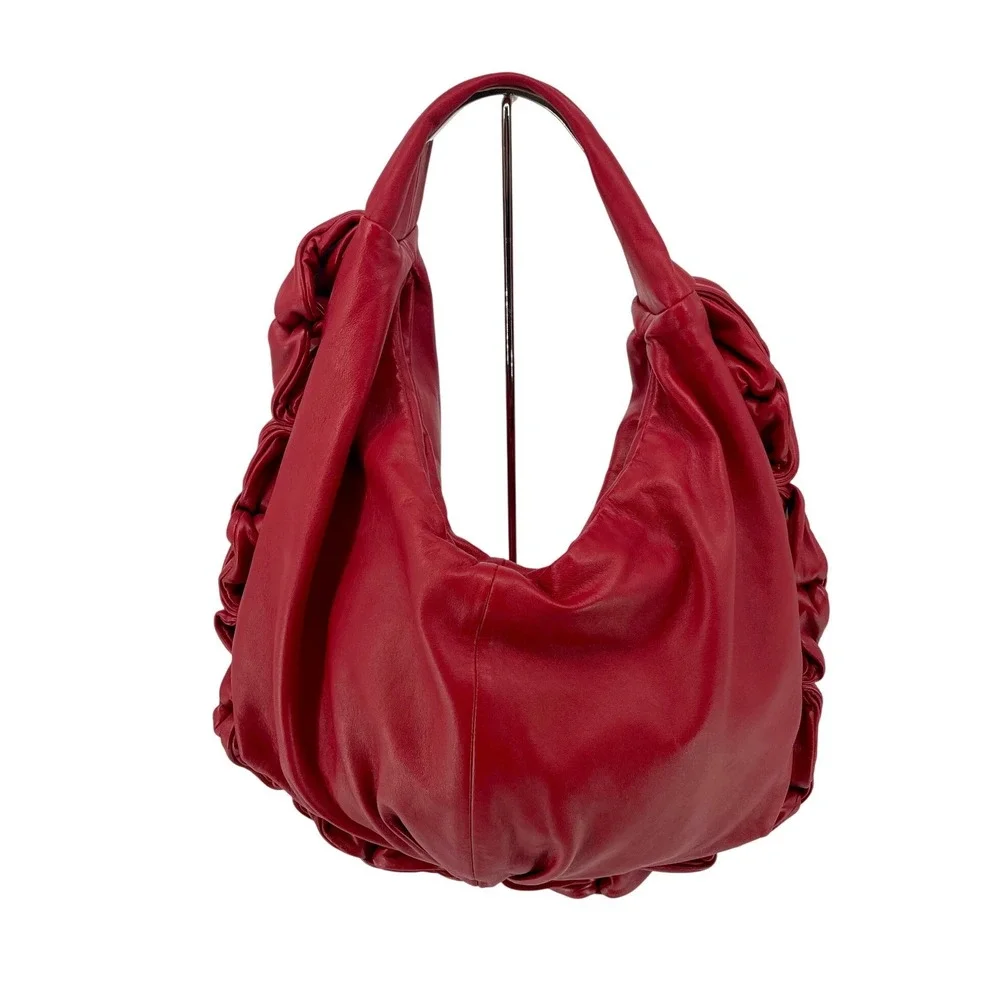 Elie Tahari Red‎ Leather Hobo Bag Slouchy Ruched Soft Shoulder Purse Handbag